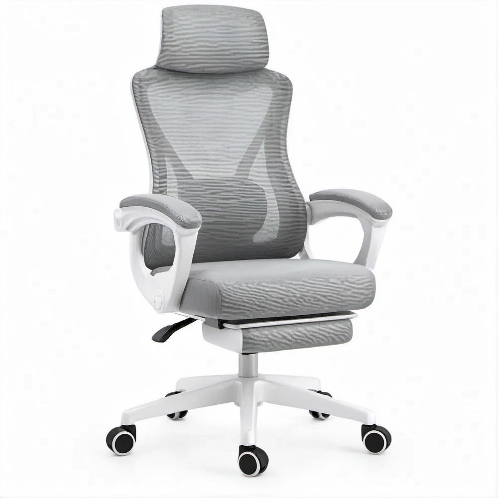 Ergonomischer Drehstuhl in Grau/Weiss mit Kopfstütze, Fussstütze und Rollen, 65 x 65 x 118–128 cm