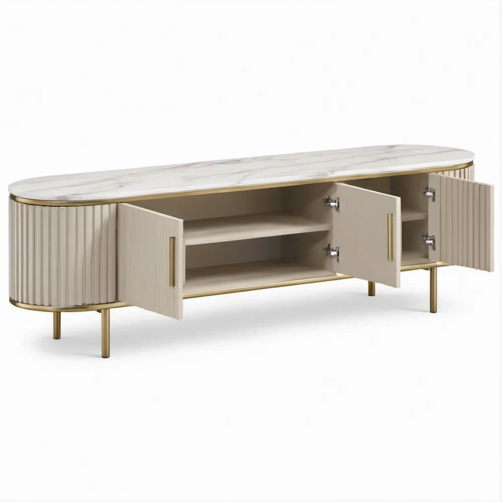 Ovales TV-Lowboard in Cremeweiss und Gold mit Sintersteinplatte, 180 x 40 x 55 cm