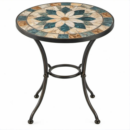Rundes Mosaikmöbel mit Stahlgestell, Blau Beige Braun Schwarz, Ø 76 cm, Höhe 71 cm