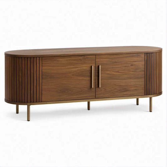 Ovales TV-Sideboard in Nussbraun und Messing, 180 x 45 x 75 cm