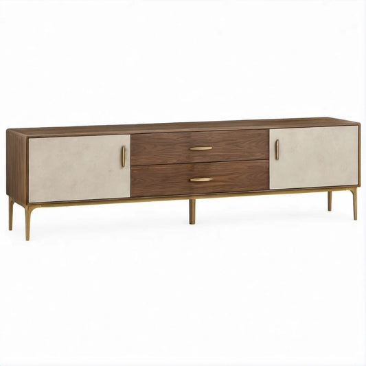 TV-Lowboard aus MDF mit Nussbaumfurnier in Walnussbraun, Creme und Goldfarben, 200 x 45 x 60 cm