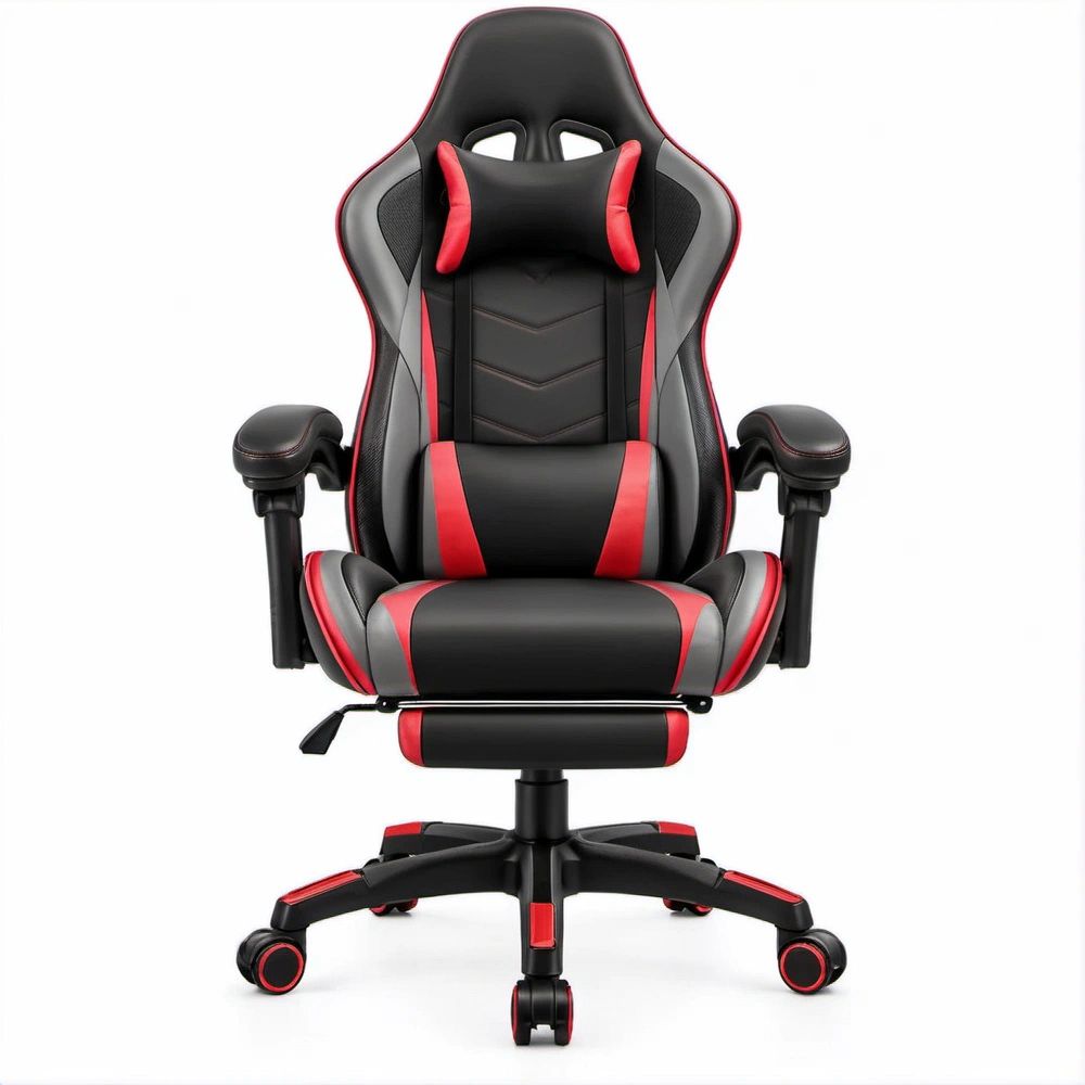 Ergonomischer Gamingstuhl mit ausziehbarer Fussstütze, Schwarz/Rot/Grau, 66 x 70 x 124–134 cm