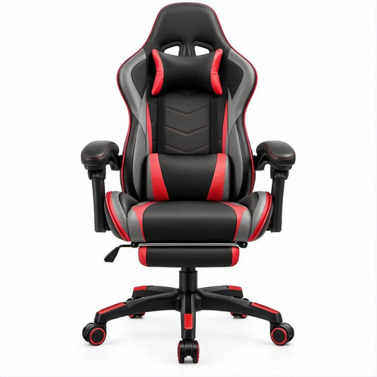 Ergonomischer Gamingstuhl mit ausziehbarer Fussstütze, Schwarz/Rot/Grau, 66 x 70 x 124–134 cm