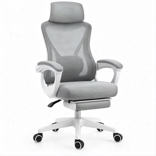 Ergonomischer Drehstuhl in Grau/Weiss mit Kopfstütze, Fussstütze und Rollen, 65 x 65 x 118–128 cm