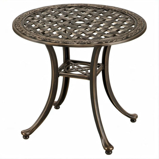 Runder Beistelltisch aus Aluminiumguss in Dunkelbraun/Bronze, Ø 66 cm, Höhe 72 cm, mit Schirmloch