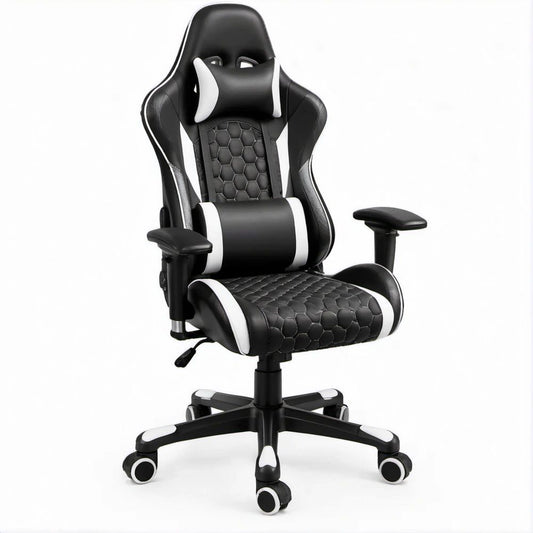 Gamingstuhl aus PU-Kunstleder Schwarz/Weiss mit Kopf- und Lendenkissen, 68 x 70 x 124–134 cm
