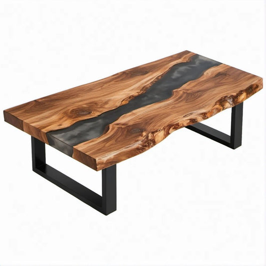 Rechteckiger Couchtisch aus Akazienholz mit Epoxidharz und Stahlgestell, Naturbraun/Schwarz, 110 x 60 x 45 cm