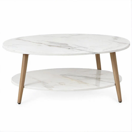 Runder Couchtisch in Weiss-Grau Marmoroptik mit Naturholzbeinen, Ø 80 x 45 cm