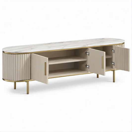 Ovales TV-Lowboard in Cremeweiss und Gold mit Sintersteinplatte, 180 x 40 x 55 cm