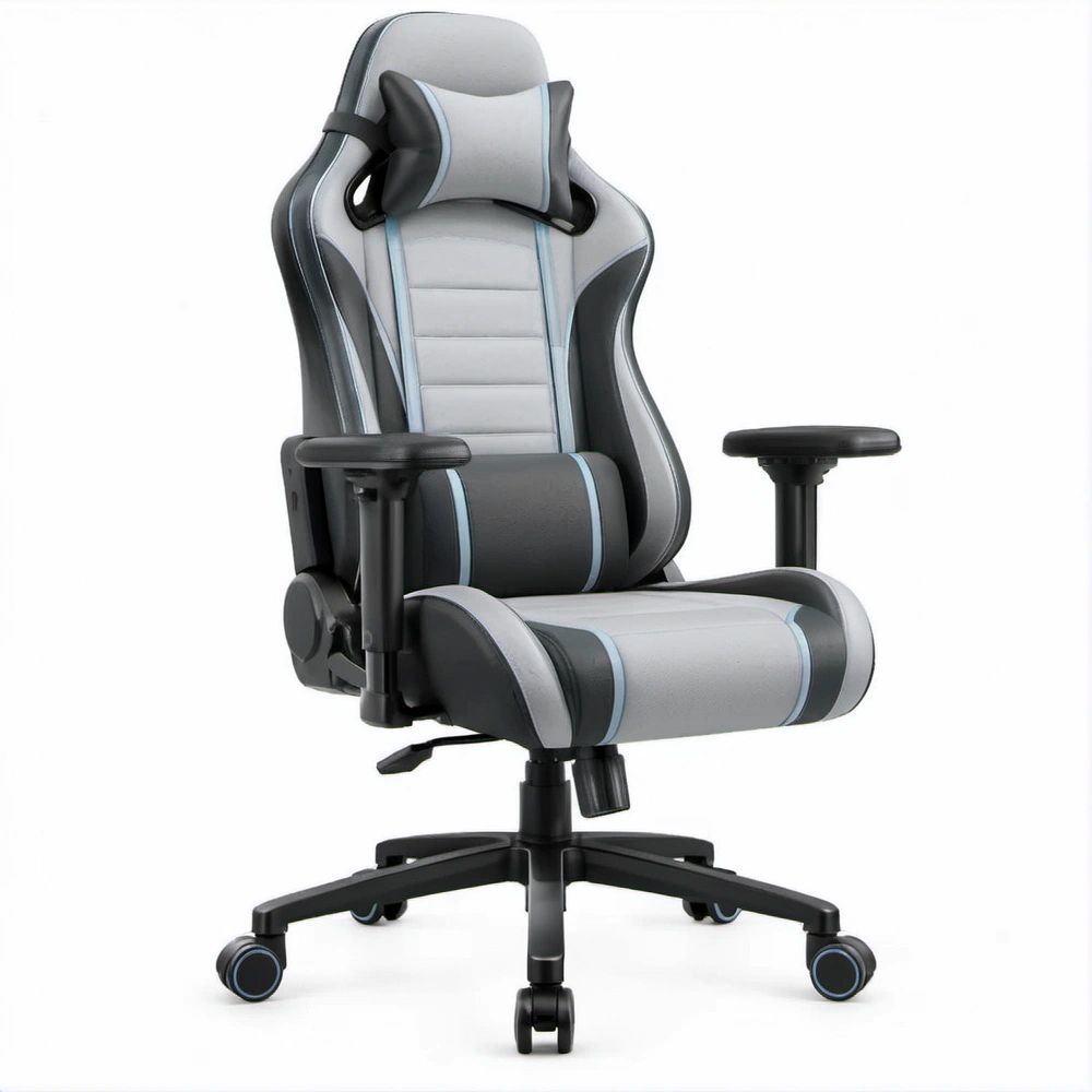 Gamingstuhl in Grau/Schwarz/Hellblau, 66 x 66 x 125–135 cm