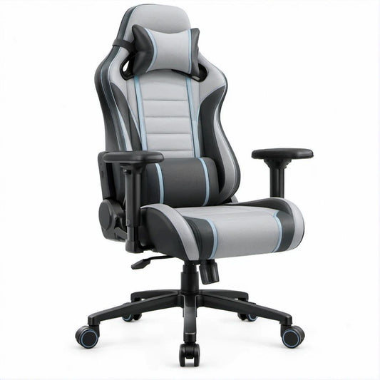 Gamingstuhl in Grau/Schwarz/Hellblau, 66 x 66 x 125–135 cm
