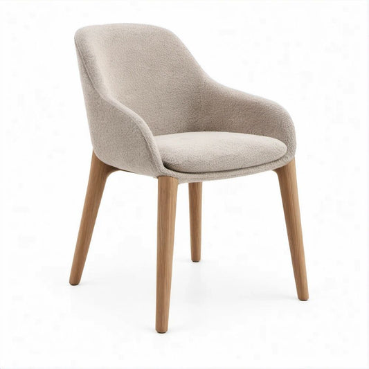 Esszimmerstuhl mit Armlehnen, Bouclé-Polyester Beige, Massivholz Natur, 58 x 61 x 82 cm