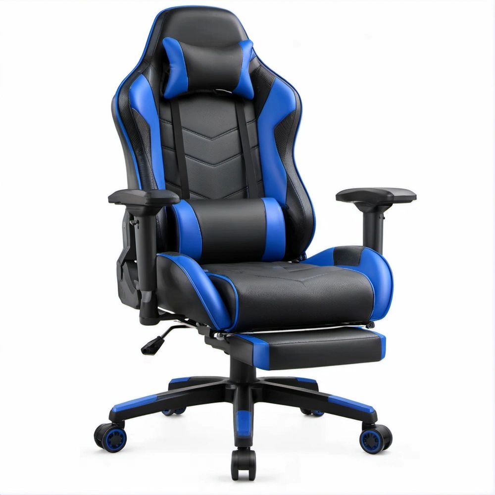 Gamingstuhl in Racingform Schwarz/Blau aus PU-Kunstleder mit Fussstütze, 68 x 68 x 123–133 cm