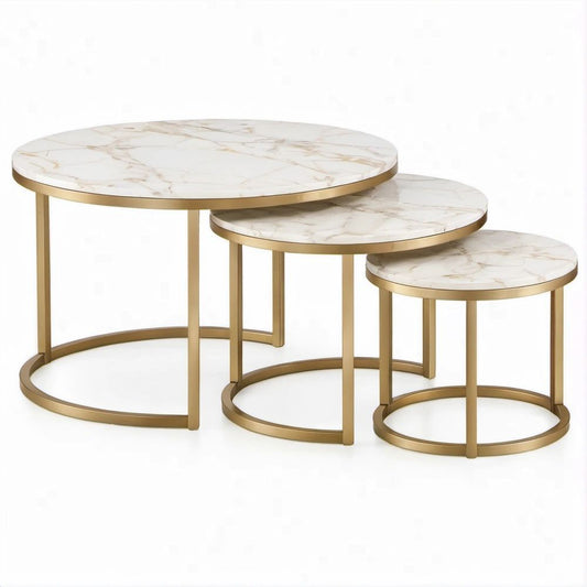 3-teiliges rundes Beistelltisch-Set in Weiss, Beige-Grau und Gold, Marmoroptik, Ø 80/60/45 cm, H 50/45/40 cm
